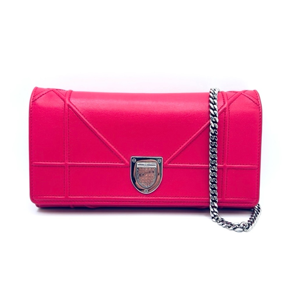 Authentic Cd Christian Dior Fuchsia Lambskin Leather Diorama Wallet On Chain Bag